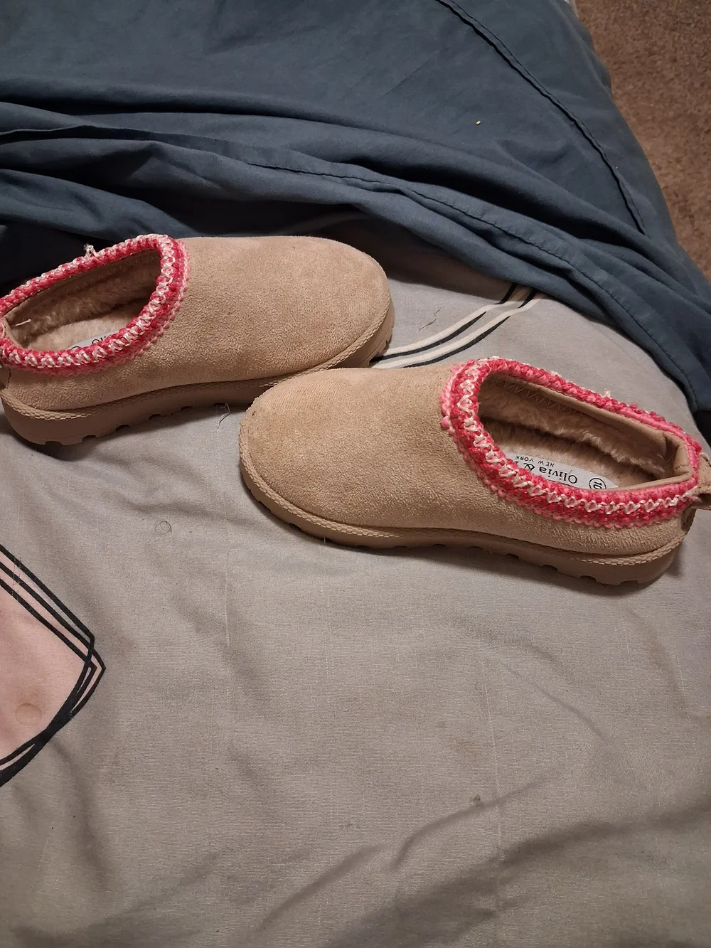 UGG Kids Tan Suede Slippers with Pink Trim